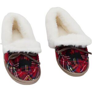 Charter Club Dorenda Plaid Faux Fur Lined Moccasin Slippers Red Dog US 5M